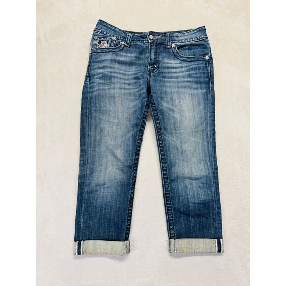 Miss Me Jeans Women 26 Medium Wash Blue Denim Boyfriend Capri Cuffed Embellished - Picture 2 of 13